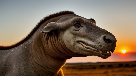 close up of a horse's head with a sunset in the background