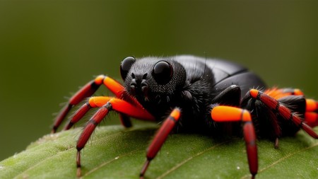 black and orange spider sitting on top of a green leaf and looking at the camera