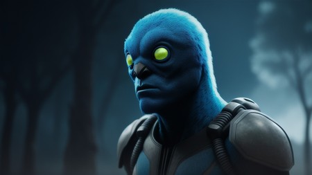 blue man with glowing eyes in a dark room with trees in the background