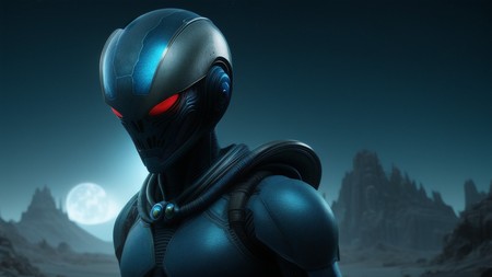 sci - fi character with glowing red eyes stands in front of a mountain