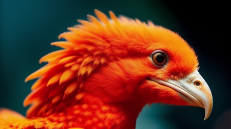 close up of a bright orange bird with a black beak and orange feathers