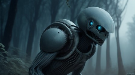 robot with glowing eyes standing in a forest with trees in the background