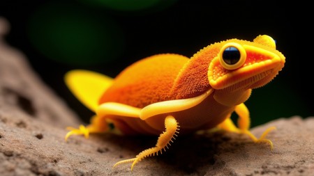 an orange gecko is sitting on top of a rock and looking at the camera