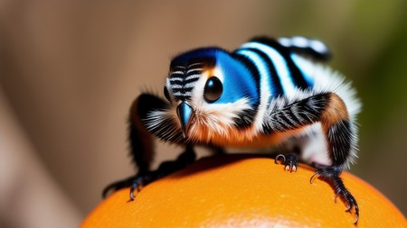 blue and white bug sitting on top of an orange with it's eyes open