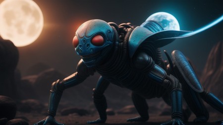 robot with glowing eyes standing in front of a moonlit sky