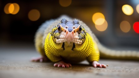 close up of a lizard on the ground with lights in the background