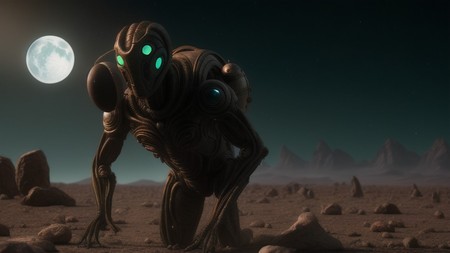 robot with glowing eyes standing in the middle of a desert area