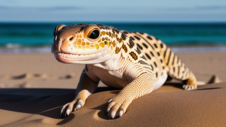 lizard sitting on top of a sandy beach next to the ocean