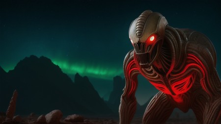 an alien creature with glowing red eyes standing in front of a mountain