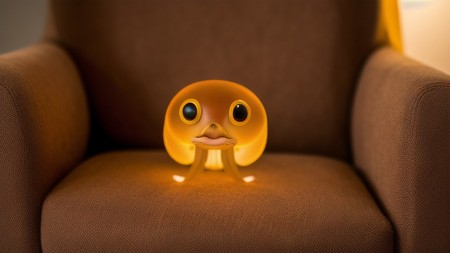 yellow toy sitting on top of a brown chair next to a lamp