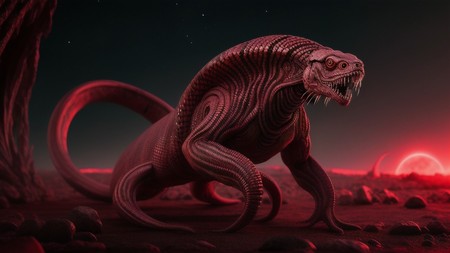 red creature with sharp teeth standing on a rocky surface in front of a red sunset