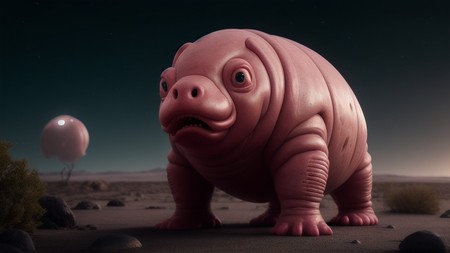 pink creature standing in the middle of a desert with a balloon in the background