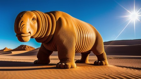 statue of a large animal standing in the middle of a desert