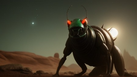 bug with glowing eyes standing in the desert with a full moon in the background
