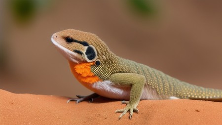 an orange and green lizard sitting on top of a sand covered ground