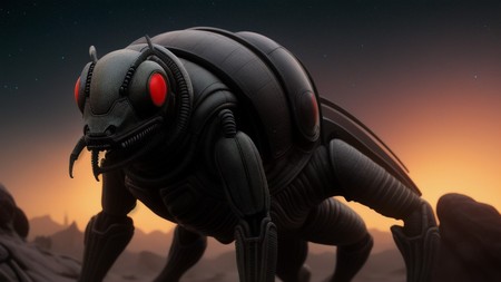 black robot with red eyes standing in the desert at night with mountains in the background