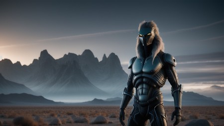 sci - fi character standing in a desert with mountains in the background