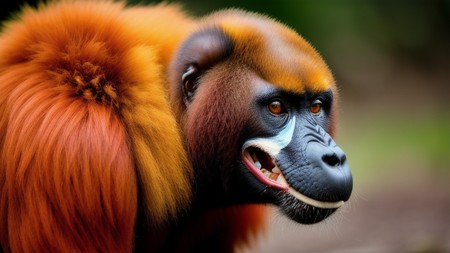 close up of a monkey's face with orange and blue hair