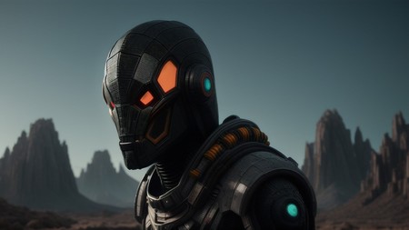 robot with glowing eyes standing in front of a mountain range in a sci - fi environment