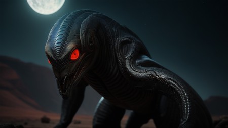 an alien creature with glowing red eyes standing in the desert with a full moon in the background
