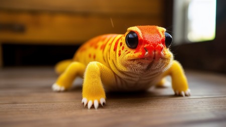 an orange and yellow geckole sitting on top of a wooden floor