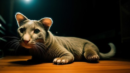 cat sitting on a wooden floor with a light shining on it's face