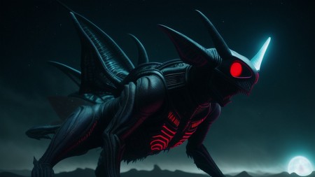 black creature with red eyes standing in front of a full moon