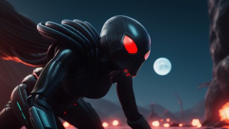 black robot with red eyes and glowing eyes in front of a full moon