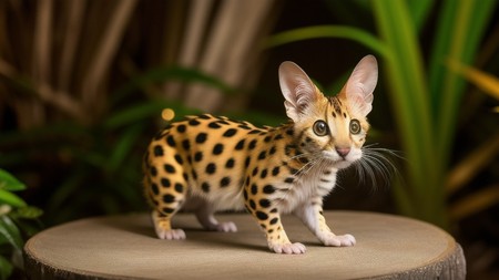 small spotted cat standing on top of a wooden table next to plants