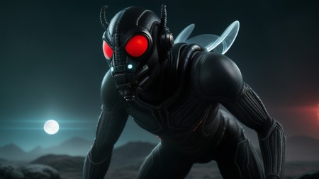 close up of an ant - man in a dark space suit