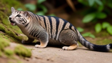 striped cat with its mouth open standing on a dirt ground next to mossy rocks