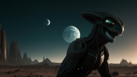 an alien creature standing in the desert with a moon in the background