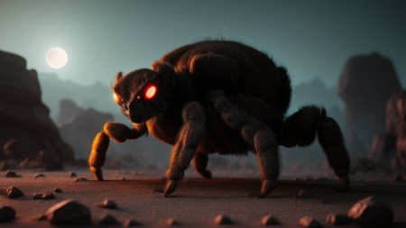 creepy looking spider with glowing eyes in a desert area at night