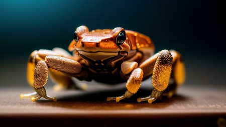 close up of a small frog on a table with a black background