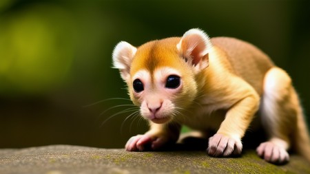 small animal with big eyes standing on a tree branch with a blurry background