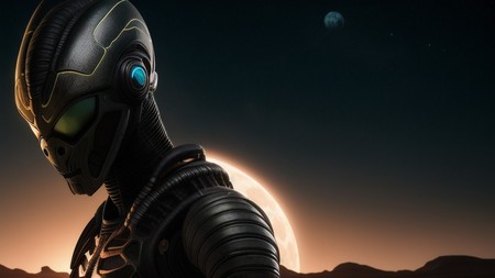 an alien man with glowing eyes standing in front of a moon and mountains