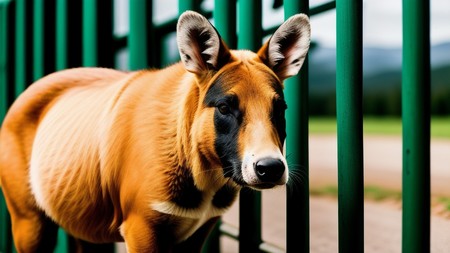 brown and black dog standing next to a green fence and a road