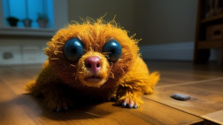 stuffed animal with large blue eyes sitting on a wooden floor next to a window