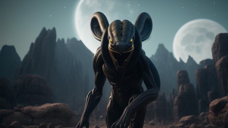 an alien creature standing in the middle of a rocky area with a full moon in the background