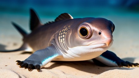 close up of a small fish on a sandy beach with water in the background
