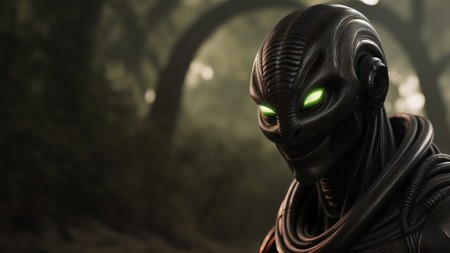 close up of a alien with green eyes and a dark background