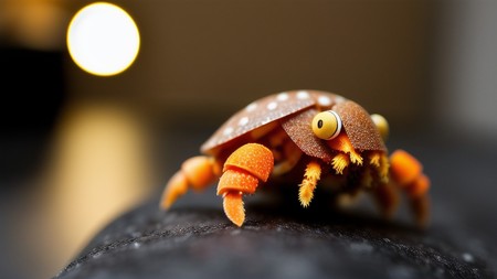 close up of a small orange crab on a surface with a light in the background