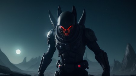 sci - fi character with glowing red eyes standing in the middle of a desert