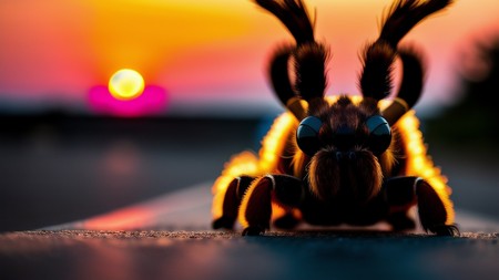 close up of a bug on a street with the sun in the background
