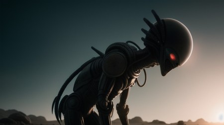 close up of an alien standing in the desert with a sun in the background