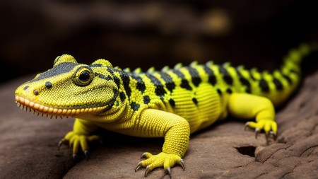 yellow and black lizard sitting on top of a rock next to a rock