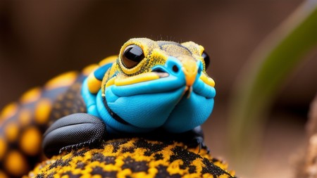 blue and yellow lizard sitting on top of a yellow and black ball