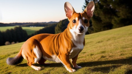 small brown and white dog standing on top of a lush green field