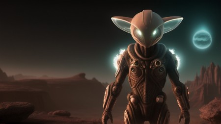sci - fi character standing in the desert with a full moon in the background