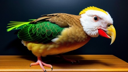 colorful bird with a red beak and a green tail sitting on a table